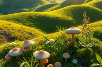 A scenic view of lush hills filled with mushrooms and herbs, symbolizing health and natural wellness.