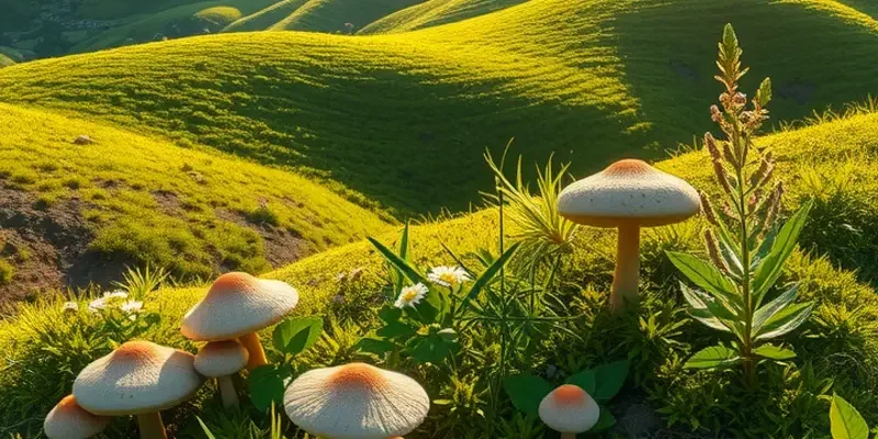 A scenic view of lush hills filled with mushrooms and herbs, symbolizing health and natural wellness.