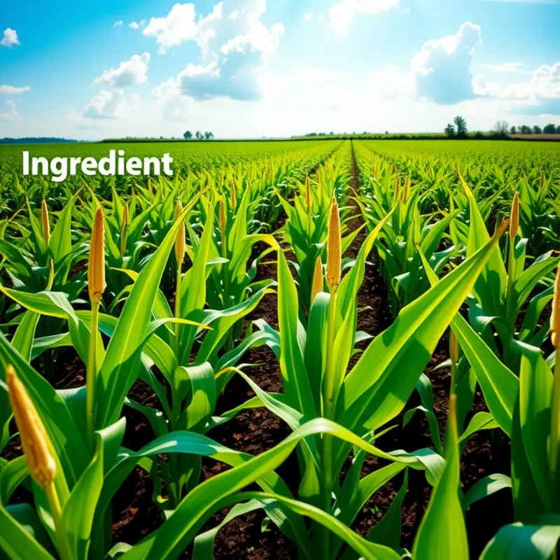 A vibrant cornfield under blue skies representing cornstarch as a key ingredient.