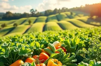 A scenic, sunlit landscape filled with vibrant vegetables, conveying organic freshness.