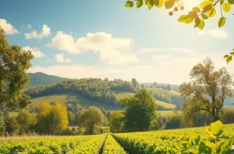 A picturesque landscape with a sunlit orchard filled with vibrant fruits and vegetables, celebrating organic abundance.