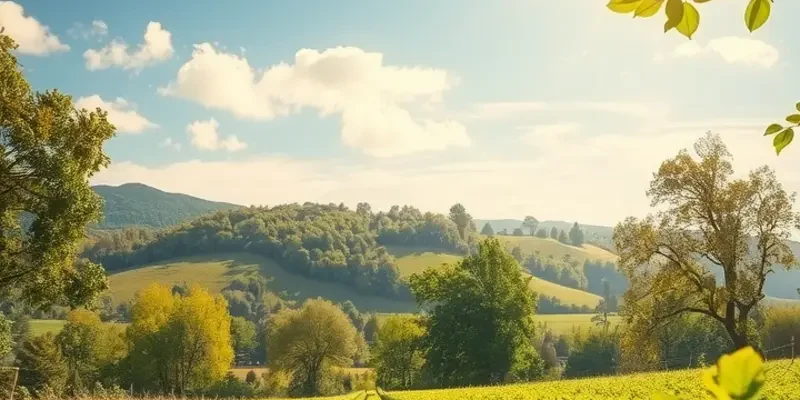 A picturesque landscape with a sunlit orchard filled with vibrant fruits and vegetables, celebrating organic abundance.