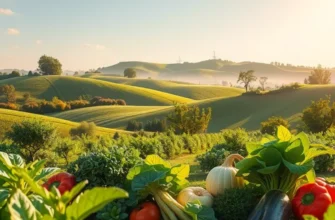 A beautiful landscape with fruits and vegetables symbolizing healthy nutrition.