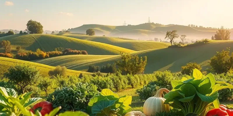 A beautiful landscape with fruits and vegetables symbolizing healthy nutrition.