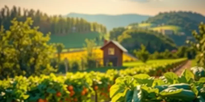 A vibrant landscape filled with fresh fruits in a lush green setting.