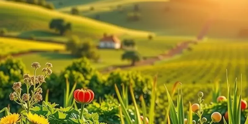 A lush field filled with organic fruits and vegetables under bright, natural light.