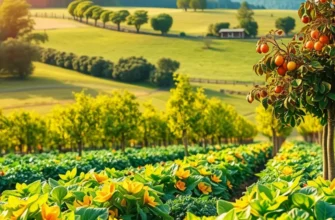 A picturesque field filled with fresh fruits and vegetables under sunny skies, highlighting organic wellness.