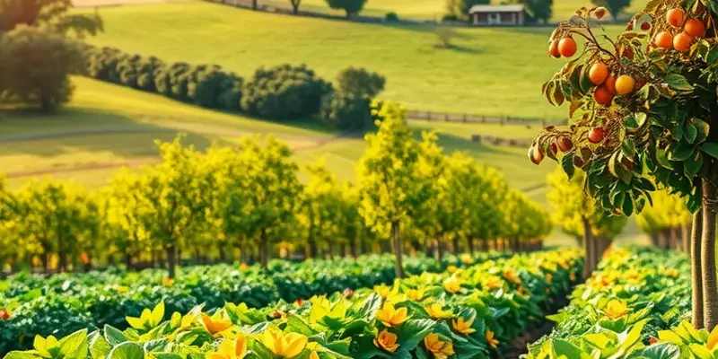 A picturesque field filled with fresh fruits and vegetables under sunny skies, highlighting organic wellness.