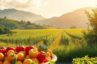 A sunlit field with healthy nutrition elements, showcasing vibrant fruits and vegetables.