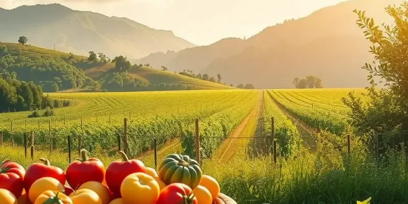 A sunlit field with healthy nutrition elements, showcasing vibrant fruits and vegetables.