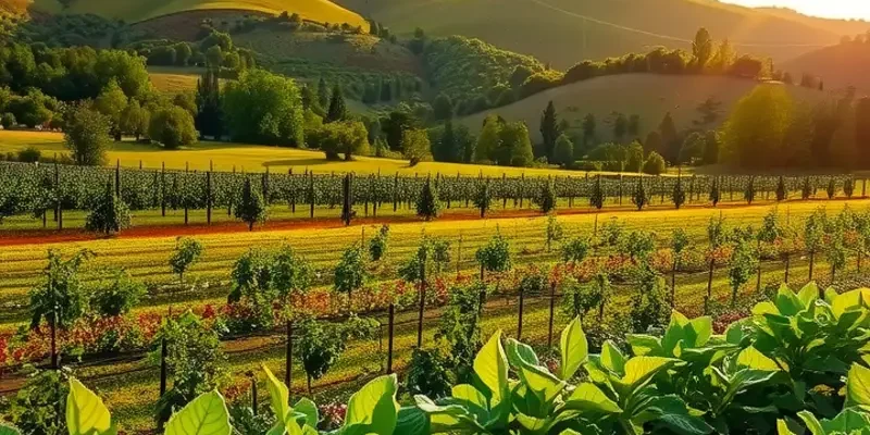 A scenic view of an orchard filled with vibrant fruits and vegetables, emphasizing healthy eating.