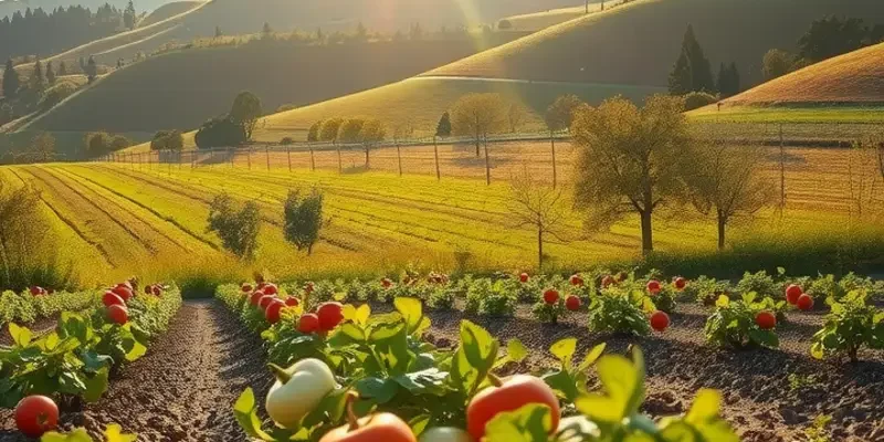A photorealistic landscape demonstrating a healthy variety of vegetables and fruits in a vibrant, natural setting.