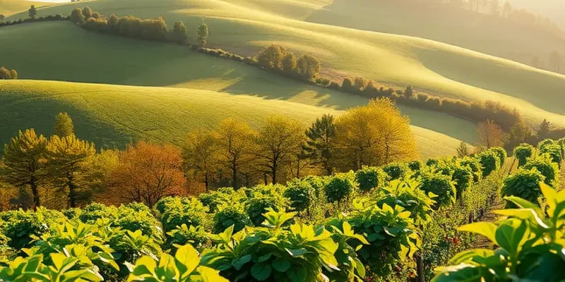 A photorealistic view of a lush landscape filled with fruits and vegetables signifying hydration and healthy nutrition.