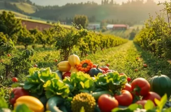 A sunlit field with an abundance of vibrant vegetables and fruits growing in a natural setting.