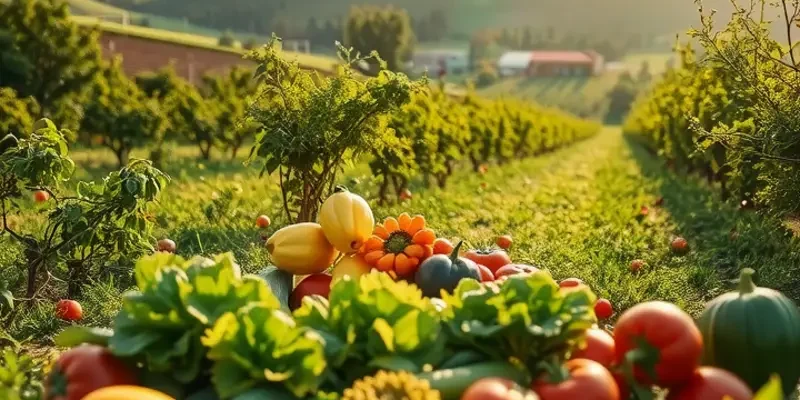 A sunlit field with an abundance of vibrant vegetables and fruits growing in a natural setting.