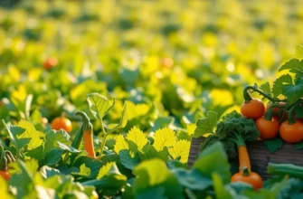 A scenic sunlit field filled with organic fruits and vegetables.