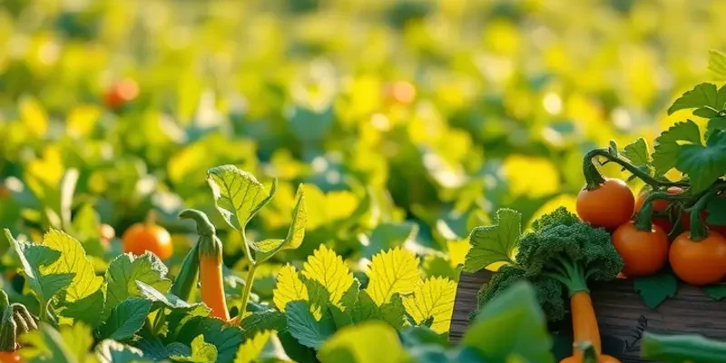 A scenic sunlit field filled with organic fruits and vegetables.