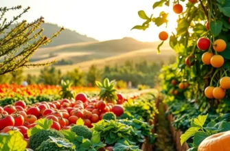A sunlit, organic orchard filled with vibrant produce surrounded by gentle hills.