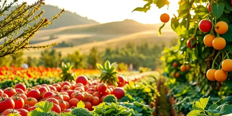 A sunlit, organic orchard filled with vibrant produce surrounded by gentle hills.