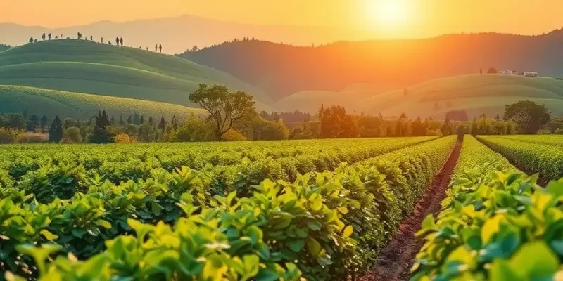 A vast sunlit field filled with various fruits and vegetables, detailing the beauty of nature in nutrition.