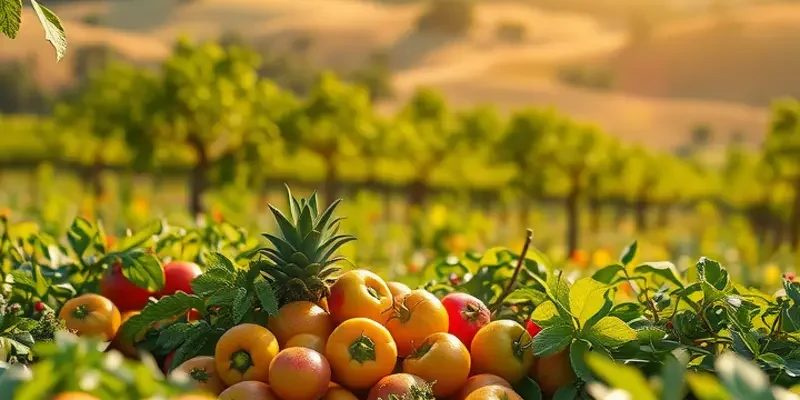 A beautiful orchard filled with vibrant fruits and vegetables, symbolizing healthy nutrition.