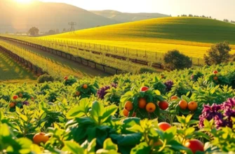 A beautiful organic farm scene with vibrant vegetables and fruits in a sunlit landscape.