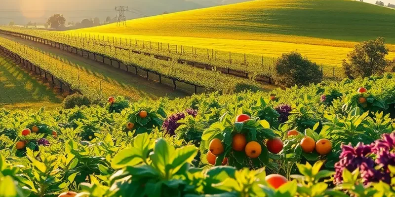 A beautiful organic farm scene with vibrant vegetables and fruits in a sunlit landscape.