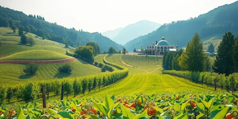 A vibrant, sunlit field showcasing an abundance of organic vegetables and fruits.