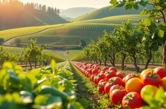 A radiant field of vibrant vegetables and fruits amidst greenery, showcasing natural abundance.