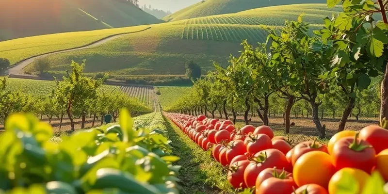 A radiant field of vibrant vegetables and fruits amidst greenery, showcasing natural abundance.