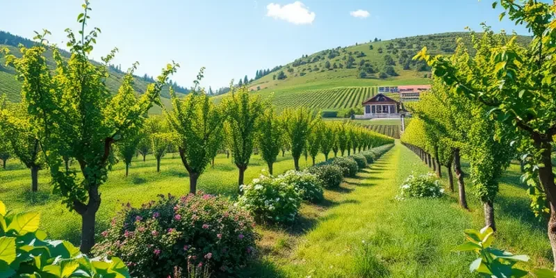 A picturesque field under sunlight, filled with organic fruits and vegetables.