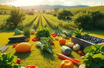 A photorealistic view of a field filled with organic fruits and vegetables in a tranquil setting.