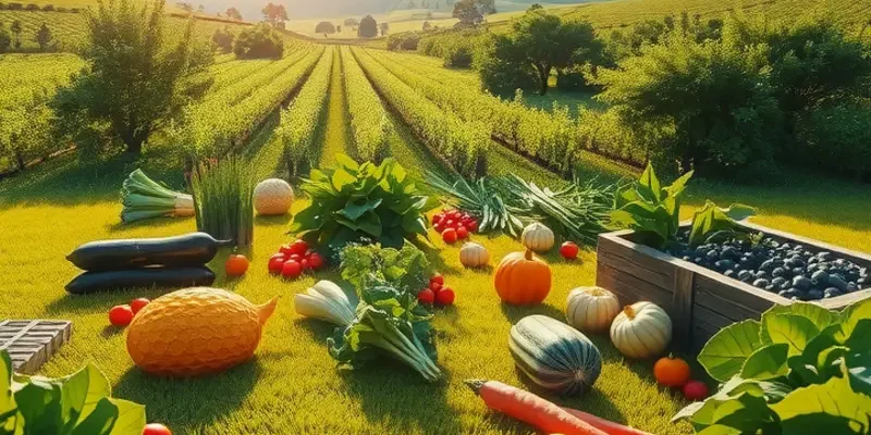 A photorealistic view of a field filled with organic fruits and vegetables in a tranquil setting.