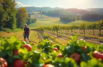 A beautiful sunlit landscape depicting an orchard with vibrant fruits and vegetables.