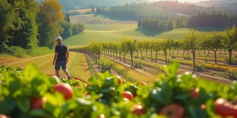 A beautiful sunlit landscape depicting an orchard with vibrant fruits and vegetables.