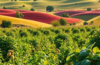 A bright and vibrant field with fresh organic vegetables and fruits growing naturally.