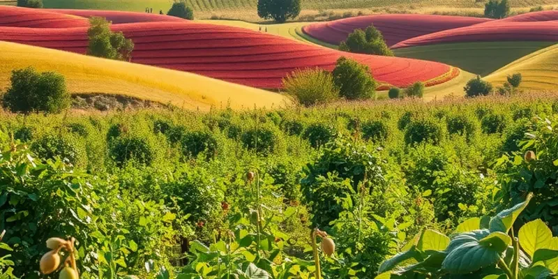 A bright and vibrant field with fresh organic vegetables and fruits growing naturally.