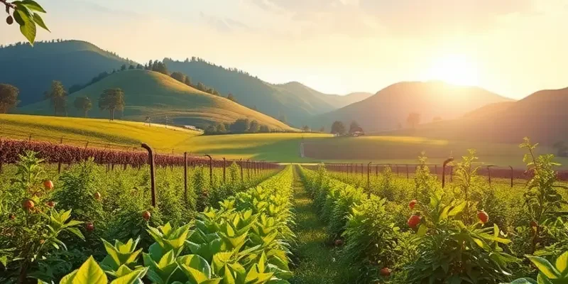 A picturesque sunlit landscape demonstrating the richness of organic produce.