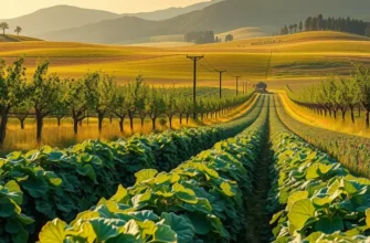 A bright and vivid sunlit field showcasing organic fruits and vegetables among lush greenery.