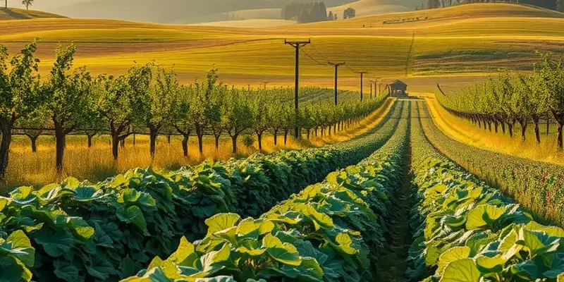A bright and vivid sunlit field showcasing organic fruits and vegetables among lush greenery.