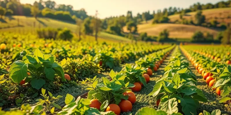 A sunlit landscape brimming with fresh vegetables and fruits, ideal for promoting healthy cooking.