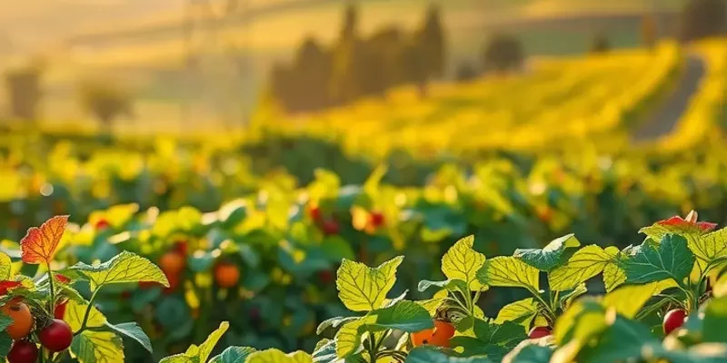 Sunlit orchard filled with organic fruits and vegetables under a clear sky, symbolizing agricultural abundance.