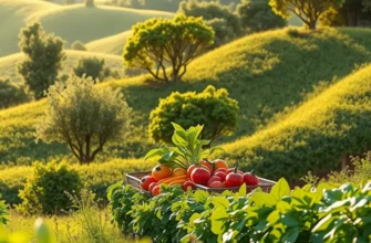 A beautiful sunlit field filled with vibrant fruits and vegetables, embodying the principles of healthy eating.