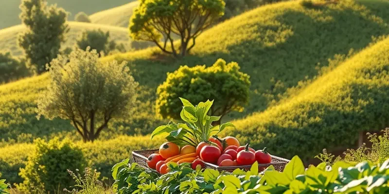 A beautiful sunlit field filled with vibrant fruits and vegetables, embodying the principles of healthy eating.