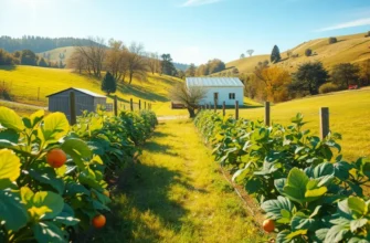 A picturesque landscape featuring a lush field of bright fruits and vegetables in a sunlit environment.