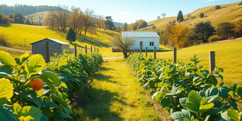 A picturesque landscape featuring a lush field of bright fruits and vegetables in a sunlit environment.