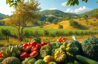 A scenic view of a sunlit orchard with vibrant fruits and vegetables representing natural sweetness.