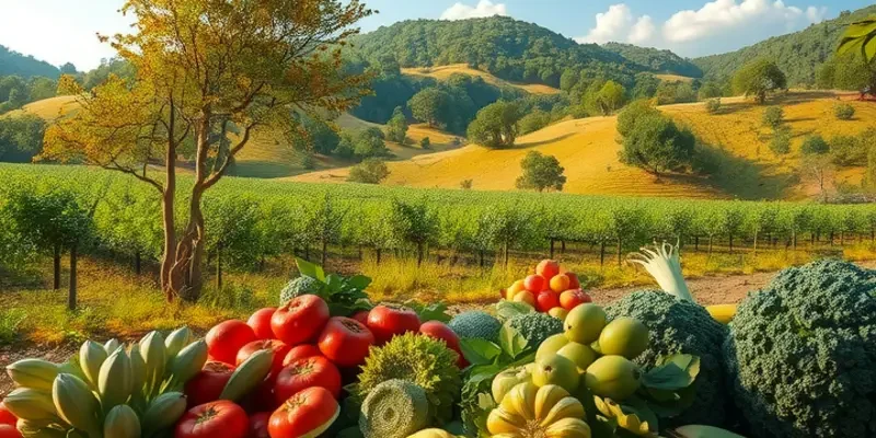 A scenic view of a sunlit orchard with vibrant fruits and vegetables representing natural sweetness.