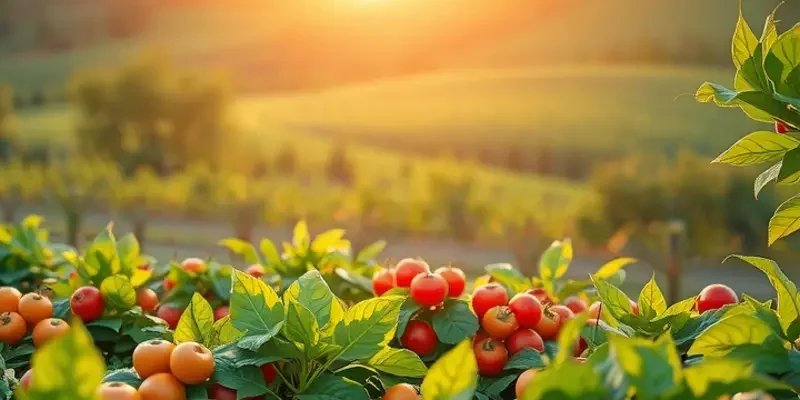 A peaceful landscape capturing an orchard brimming with colorful organic produce.