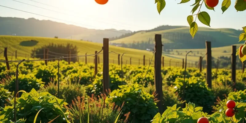 A breathtaking view of a sunlit garden filled with fresh fruits and vegetables.